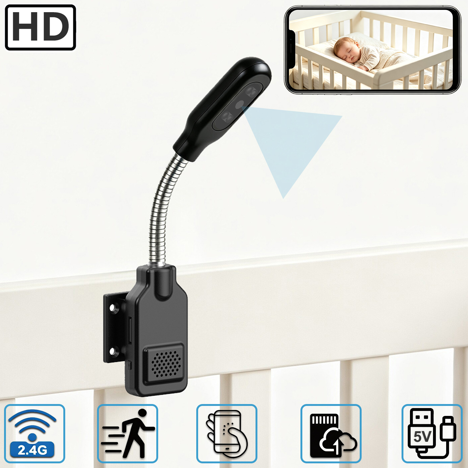 Home Security Hidden Cameras - フレキシブルグースネック型ベビーペットモニターカメラ、設置不要のホームWiFiセキュリティカメラ、双方向音声、動体検知機能付き