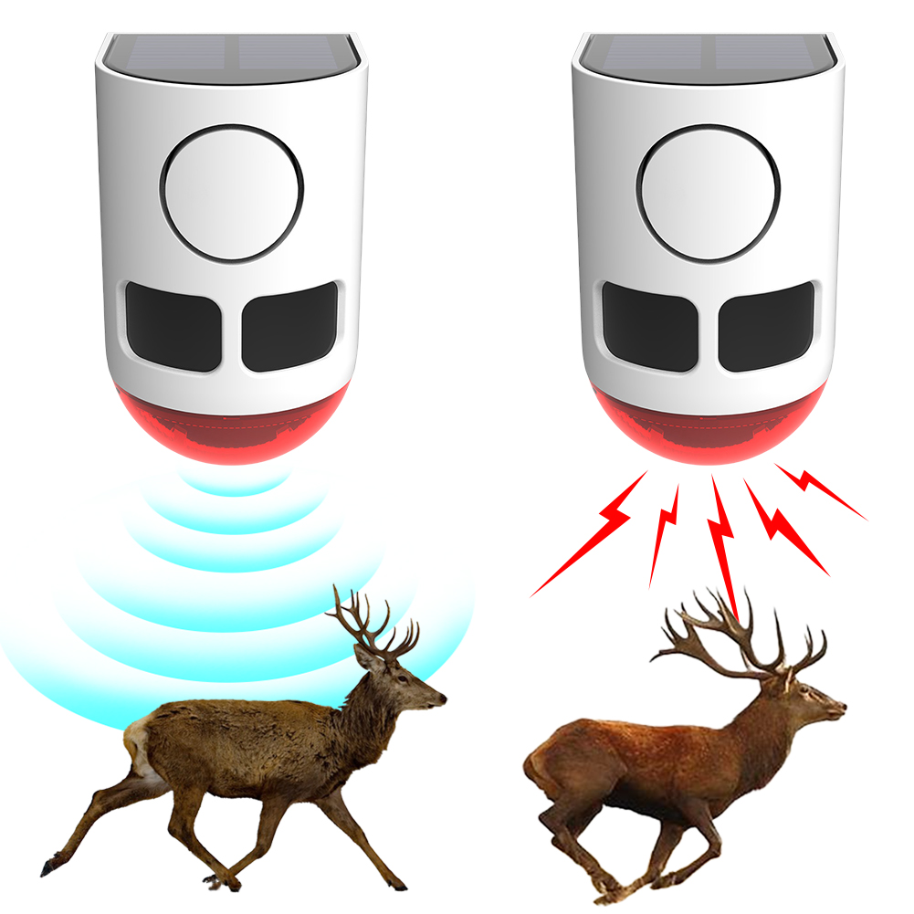 Home Security Lights Outdoors - ソーラー式屋外モーションセンサーアラーム、ストロボライト付きホームセキュリティアラーム、動物撃退サウンドノイズメーカー（庭、農場、ガーデン用）