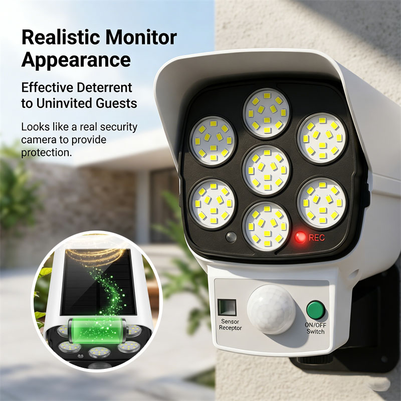 Home Security Lights Outdoors - ソーラー式ダミーセキュリティカメラ、モーションセンサー付きLED投光器、屋外防水壁掛けランプ、家庭用庭園私道用