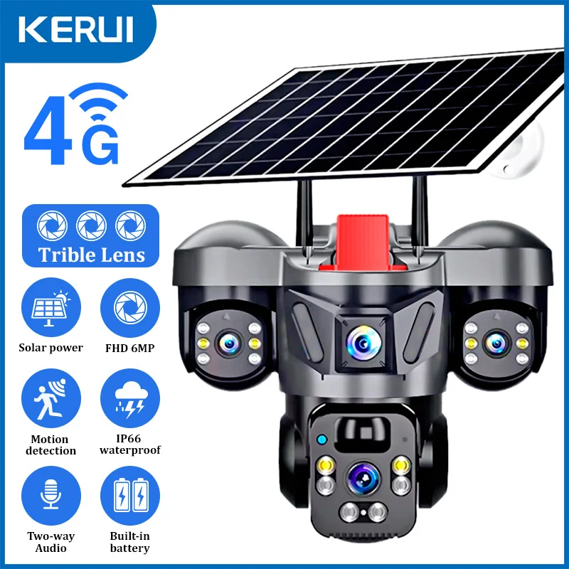 Home Security Product - KERUI V380 Pro屋外PTZ 6MP WIFI 4GソーラーカメラホームセキュリティトリプルレンズカメラソーラーパネルCCTVビデオ監視