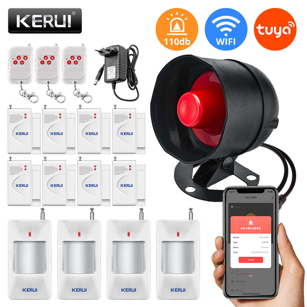 Home Security Product - Kerui-家庭用セキュリティ警報システム,Wi-Fi,スピーカー,高デシベル,盗難防止サイレン,ドアと窓のセンサー,家の動き