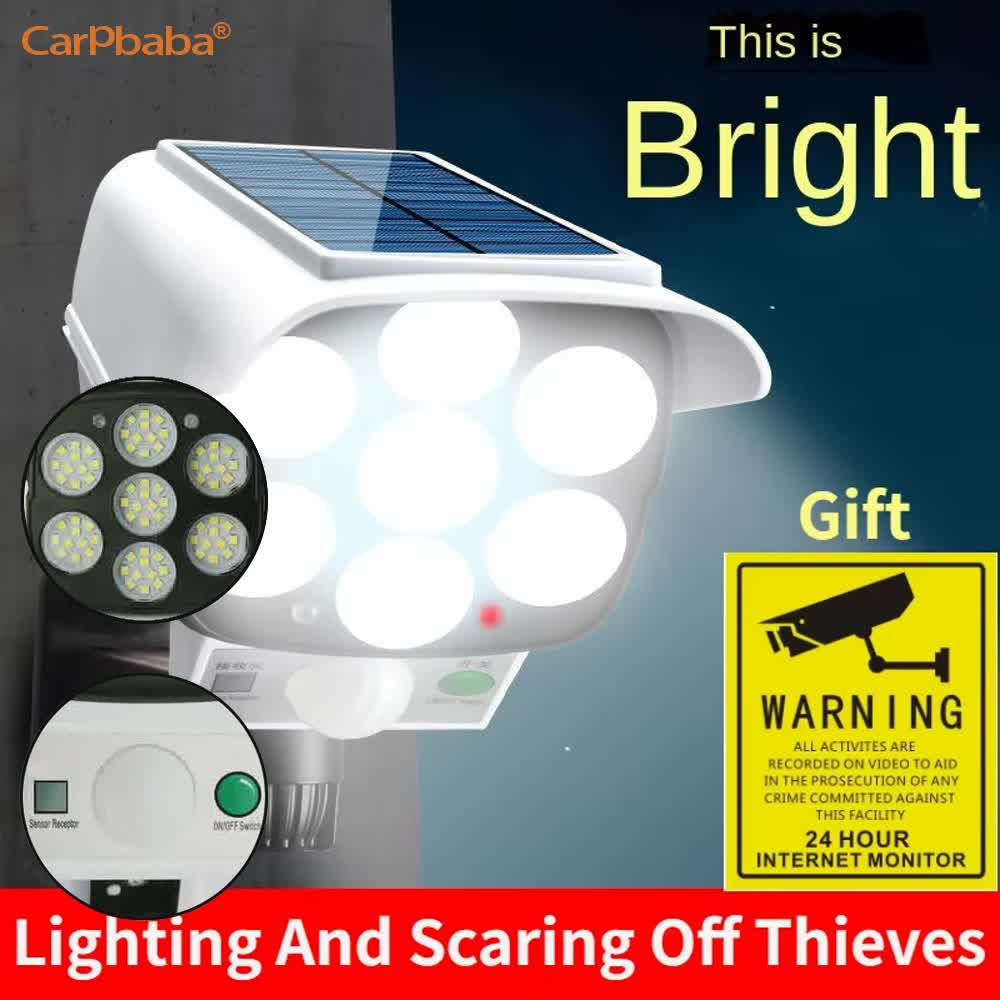 Home Security Lights Outdoors - 屋外ソーラーライト人感センサーセキュリティダミーカメラワイヤレス投光器IP65防水77LEDランプ3モード家庭用ガーデン用